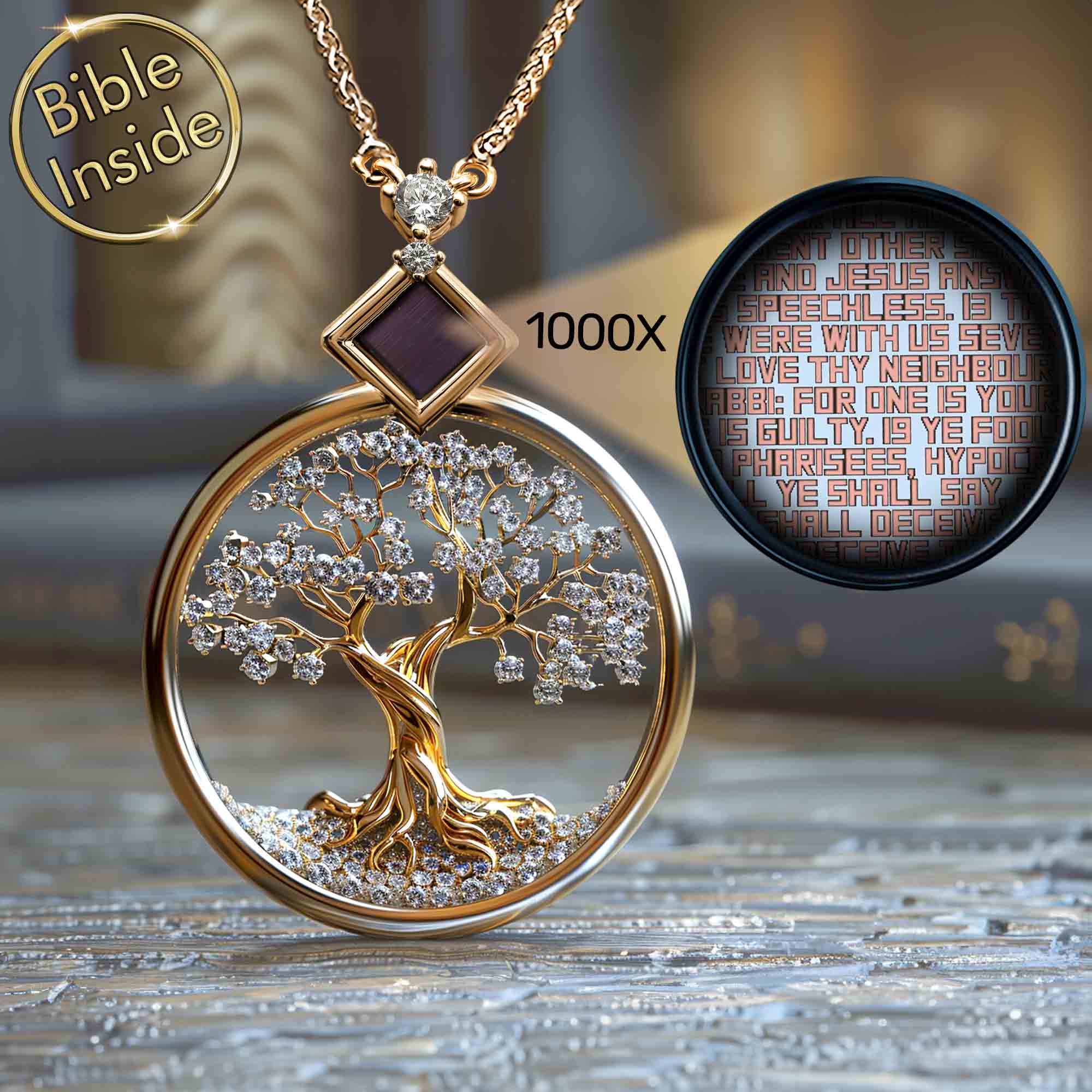 Tree of Knowledge Necklace With Nano Bible Inside Ancient Scripture Design My Nano Jewelry
